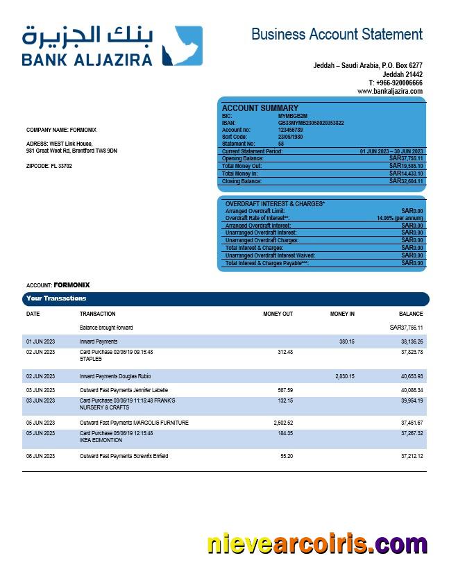 Bank AlJazira firm account statement